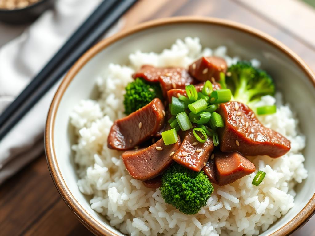 Beef and broccoli served over rice with sesame seeds