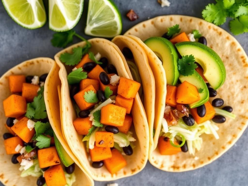 Vegan black bean sweet potato tacos with lime