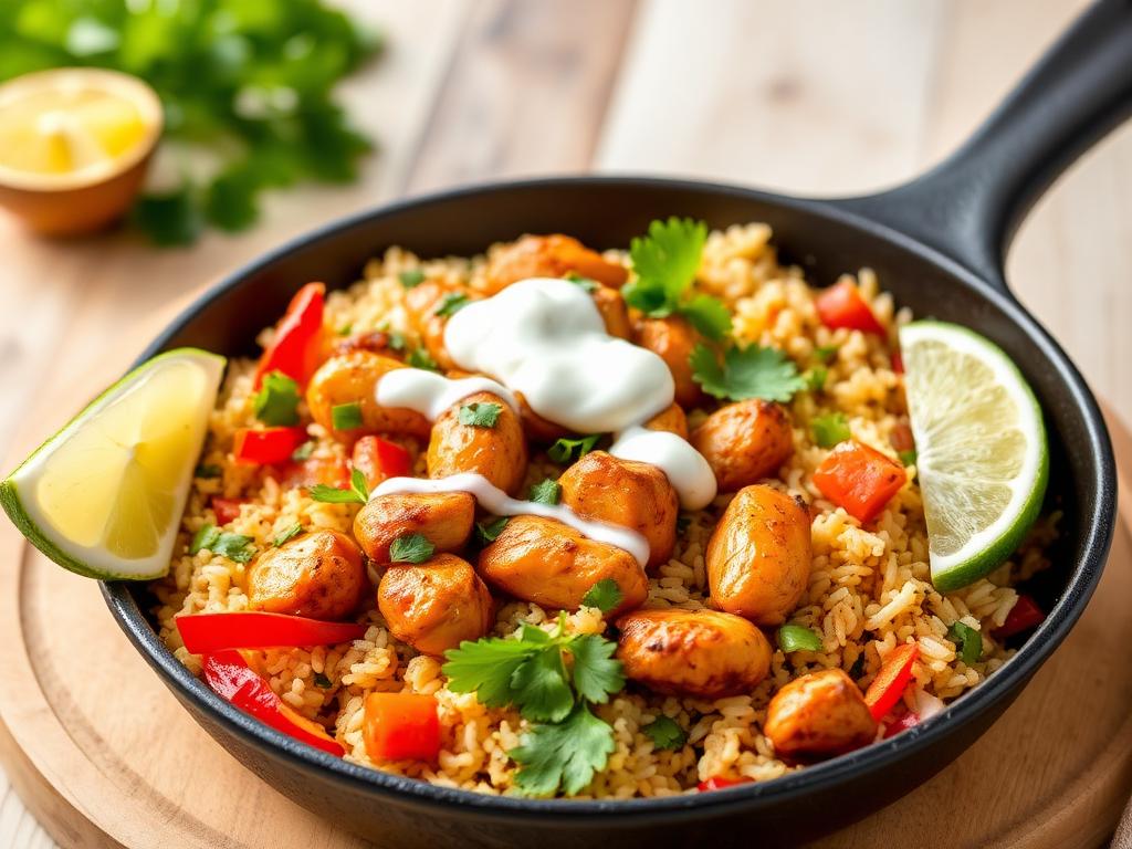 Chicken fajita rice skillet with peppers and lime