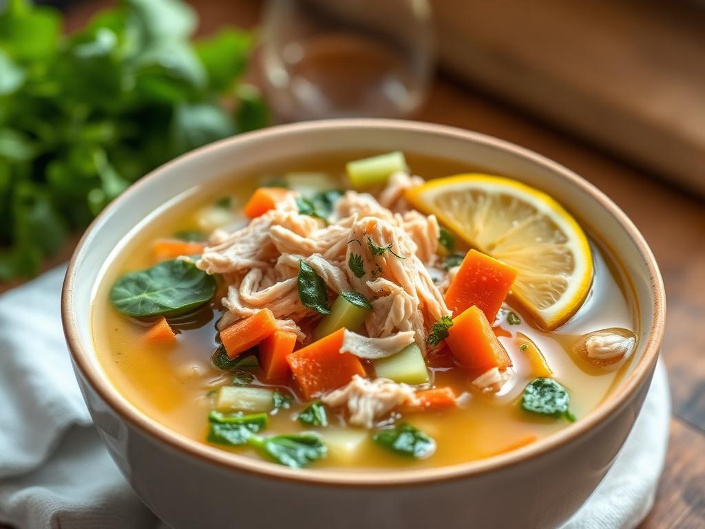Chicken vegetable soup with herbs in a bowl