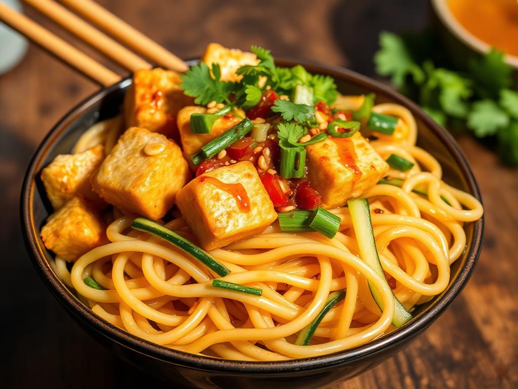 Crispy tofu peanut noodles with cucumber and herbs