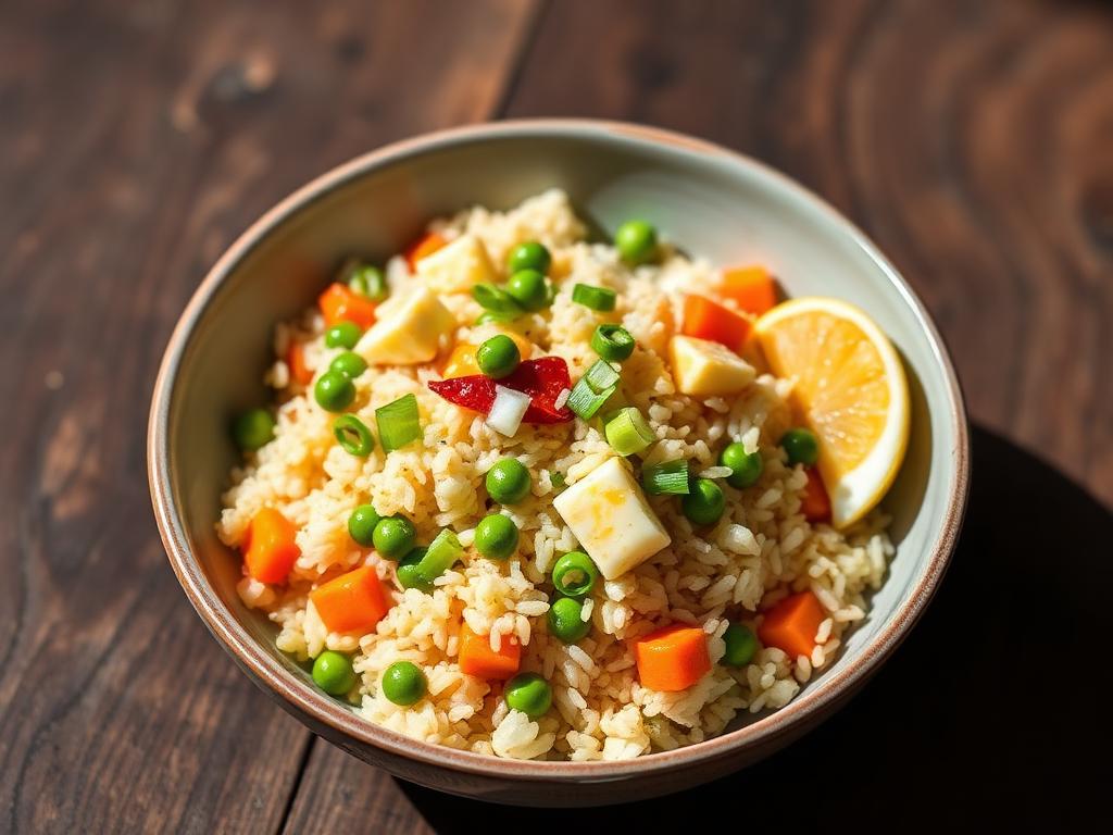 Quick egg fried rice with peas carrots and scallions