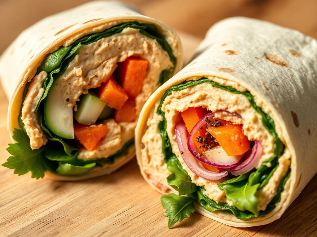 Hummus vegetable wrap with cucumber carrot and greens