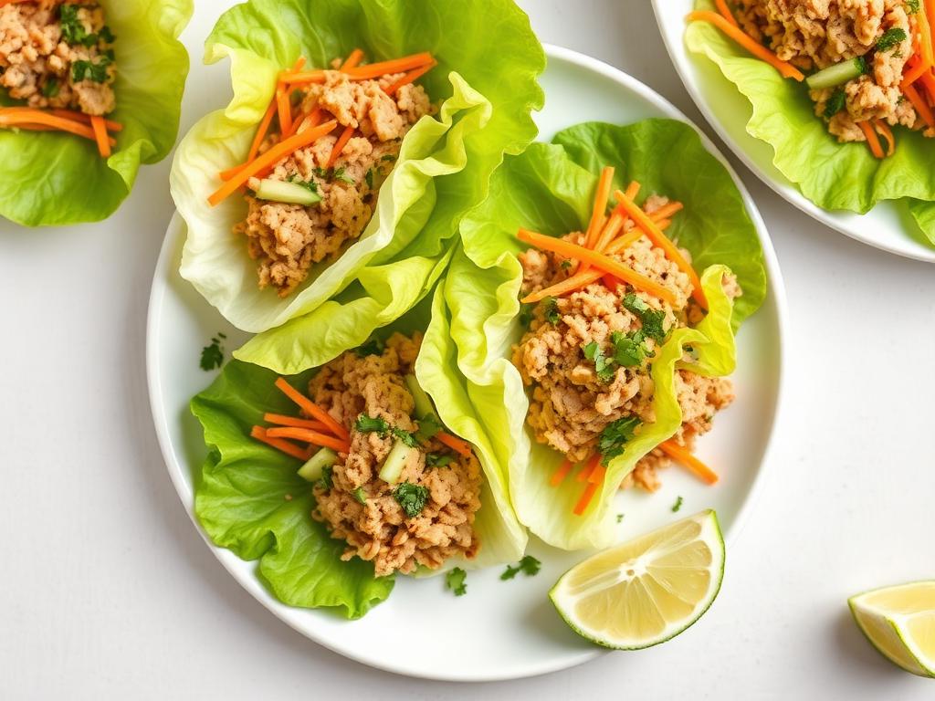 Low-calorie turkey lettuce wraps with carrots, cucumber, herbs, and lime
