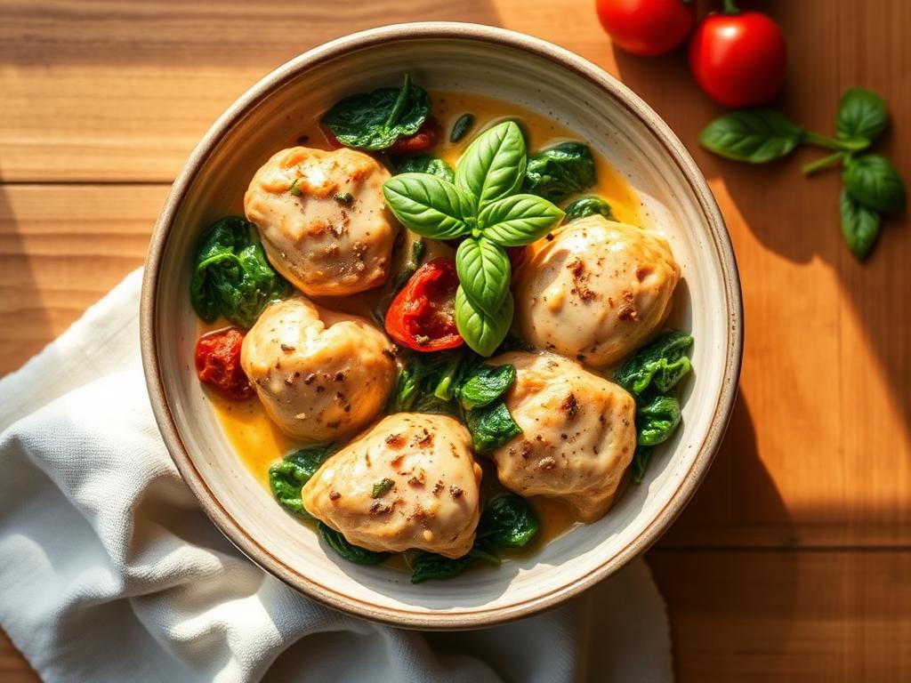 Creamy sun-dried tomato chicken with spinach in a shallow bowl