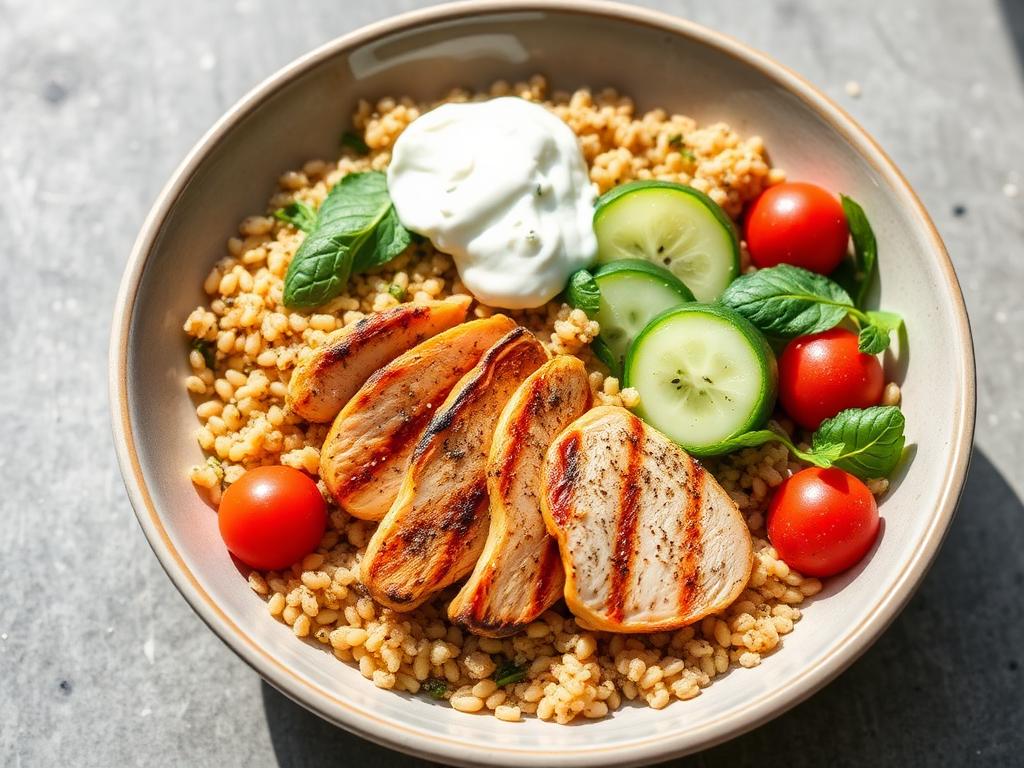Mediterranean chicken grain bowl with cucumber tomatoes and yogurt sauce