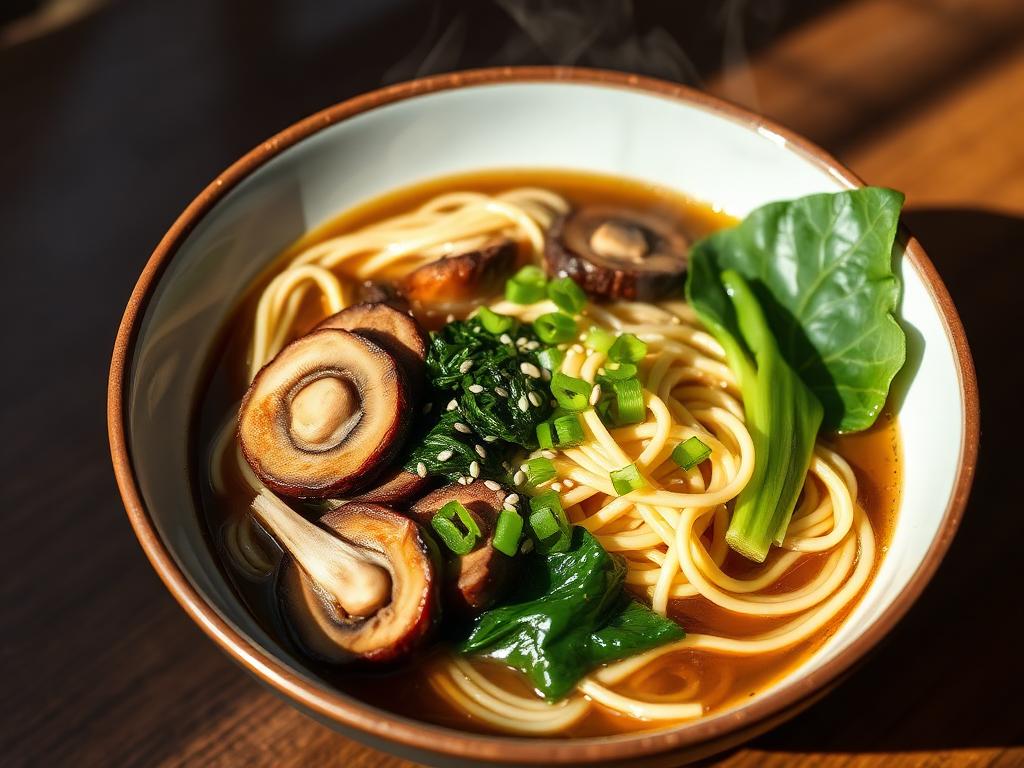 Vegan mushroom ramen bowl with greens and noodles