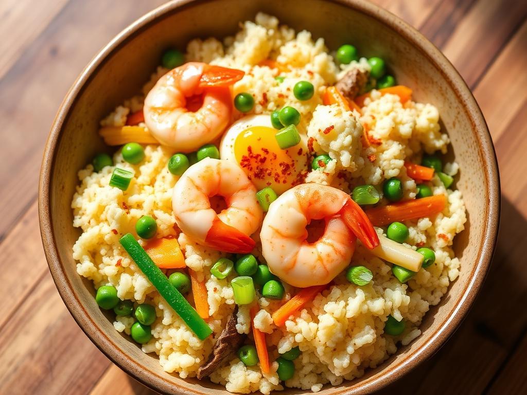 Prawn cauliflower fried rice with egg and vegetables