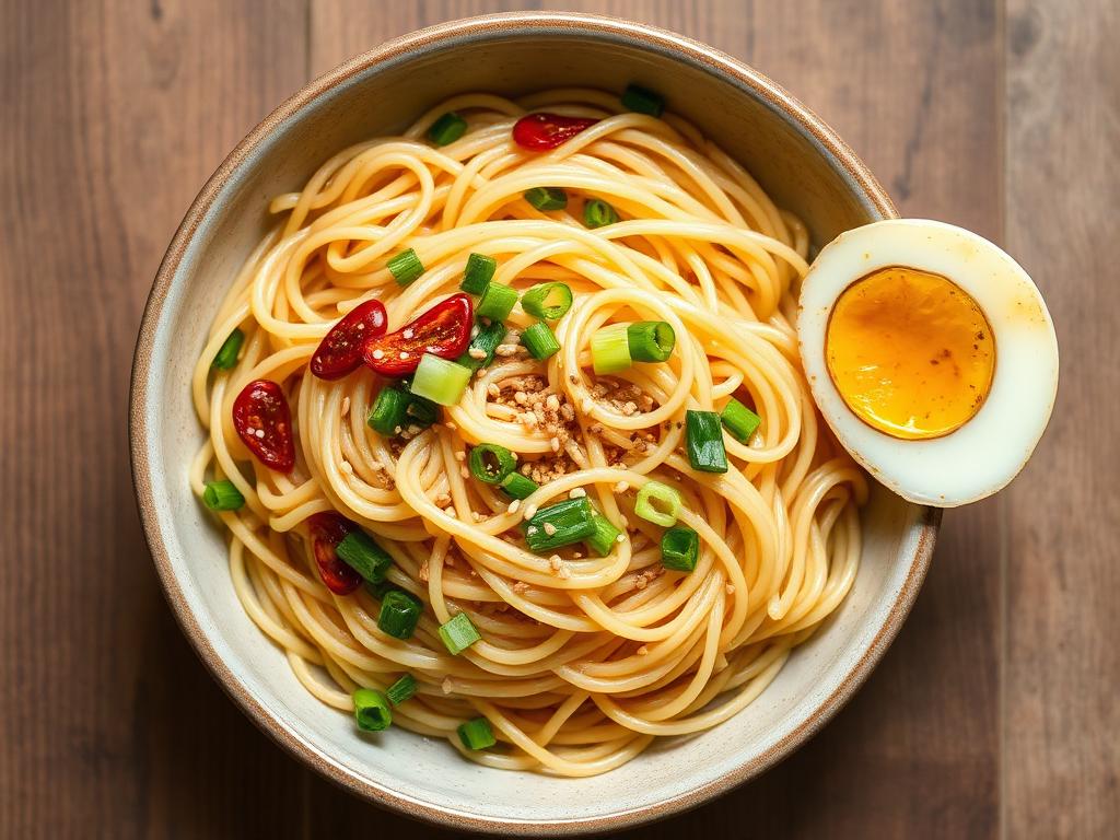 Quick garlic sesame noodles with scallions, sesame seeds, and egg