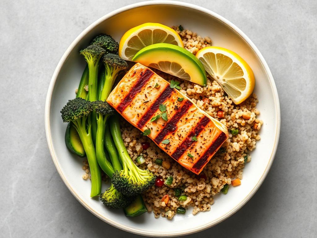 Grilled salmon quinoa bowl with broccoli, avocado, cucumber, and lemon