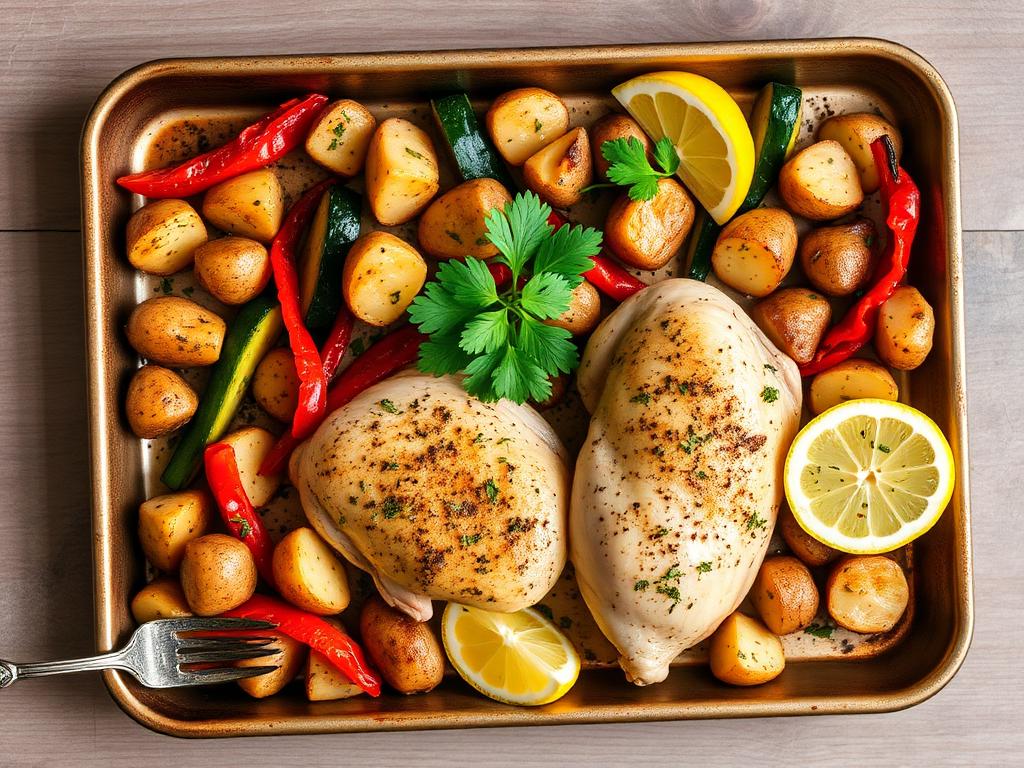 Lemon herb chicken tray bake with potatoes and green vegetables