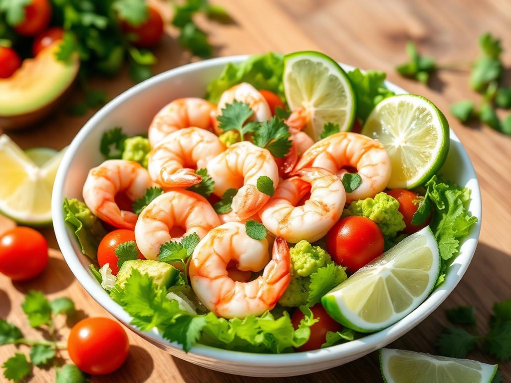 Shrimp avocado salad bowl with lime and vegetables