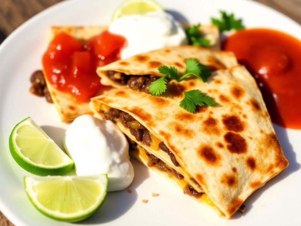 Bean quesadilla wedges with salsa and lime