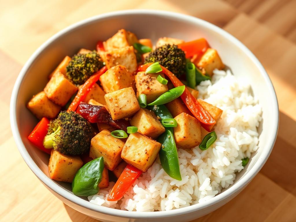 Tofu vegetable stir fry with rice and sesame seeds