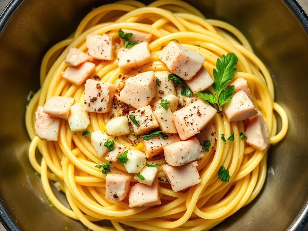 Tuna lemon pasta with parsley and black pepper