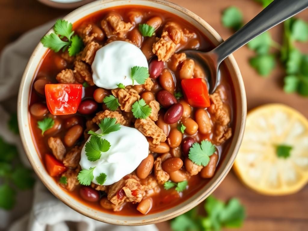 Turkey bean chilli with herbs in a bowl