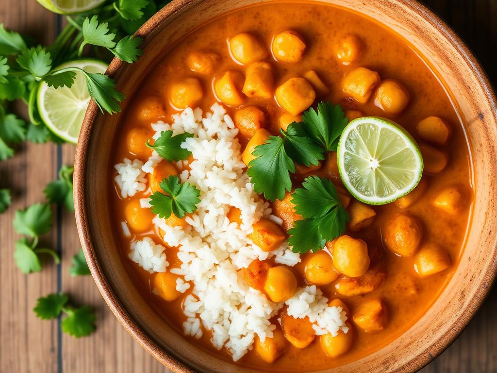 Vegan chickpea coconut curry with rice, cilantro, and lime