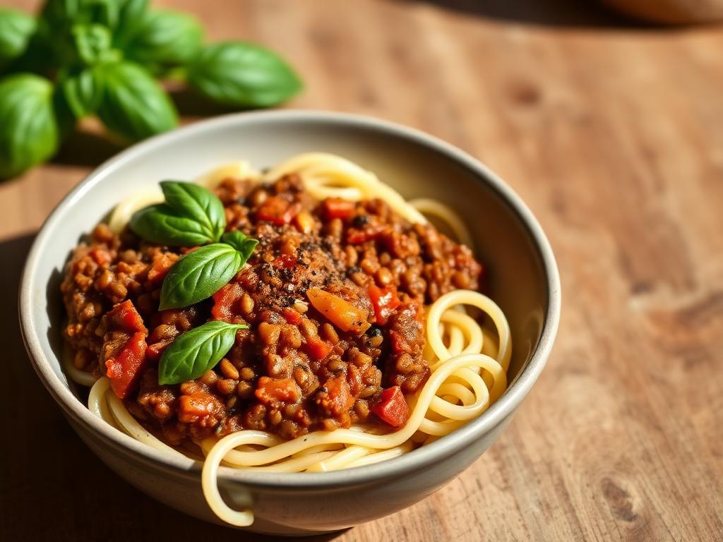 Vegan lentil bolognese served over pasta