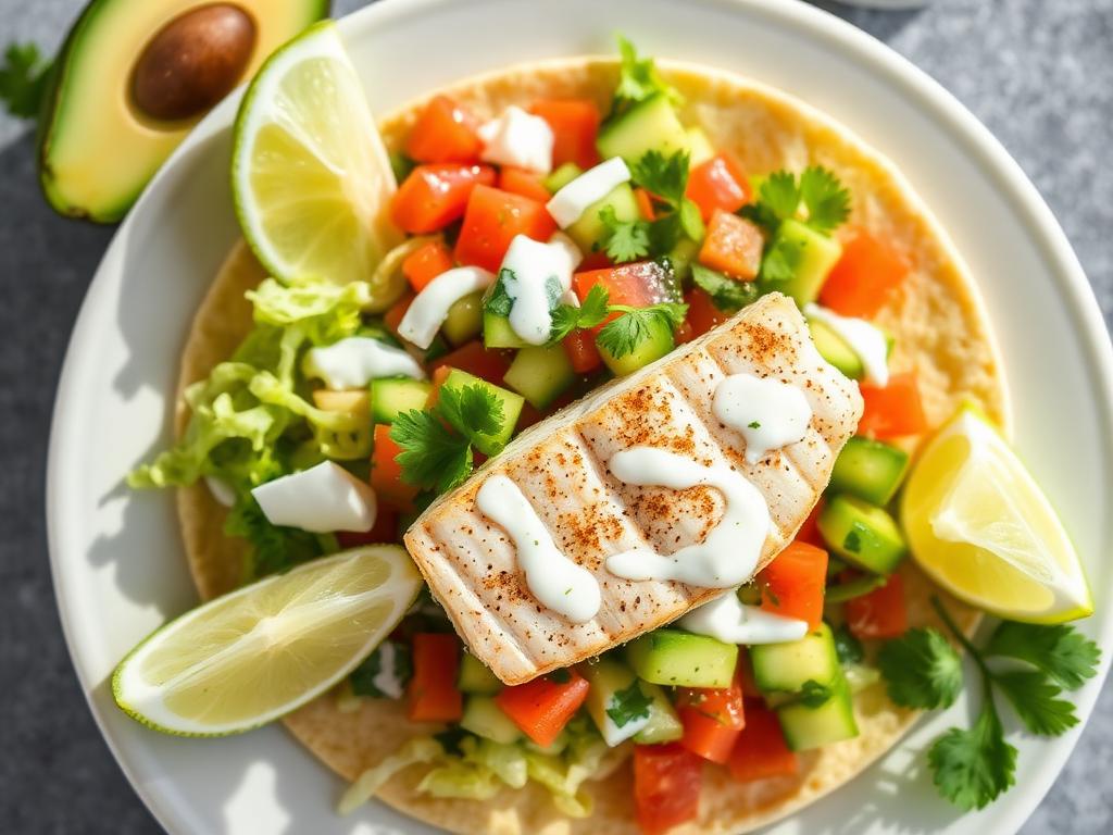 White fish taco salad with lettuce salsa and lime